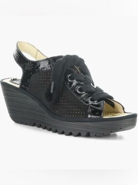 Fly London Sandals Yuta Women 40 US 9 Black Leather Lace Up Wedge Platform